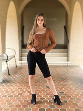Studded Long Sleeve Corset-Inspired Top - Rust Brown- Sara